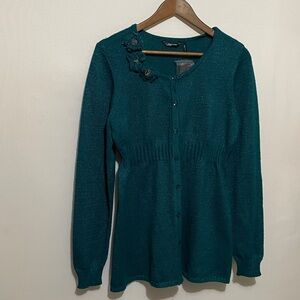 Daisy Fuentes Teal Knit Cardigan with Embellished Detail Sz Large